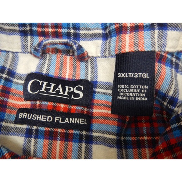 Chaps Brushed Flannel Shirt Men's Size XLT TALL Red White Blue Plaid Button Up - Picture 3 of 8